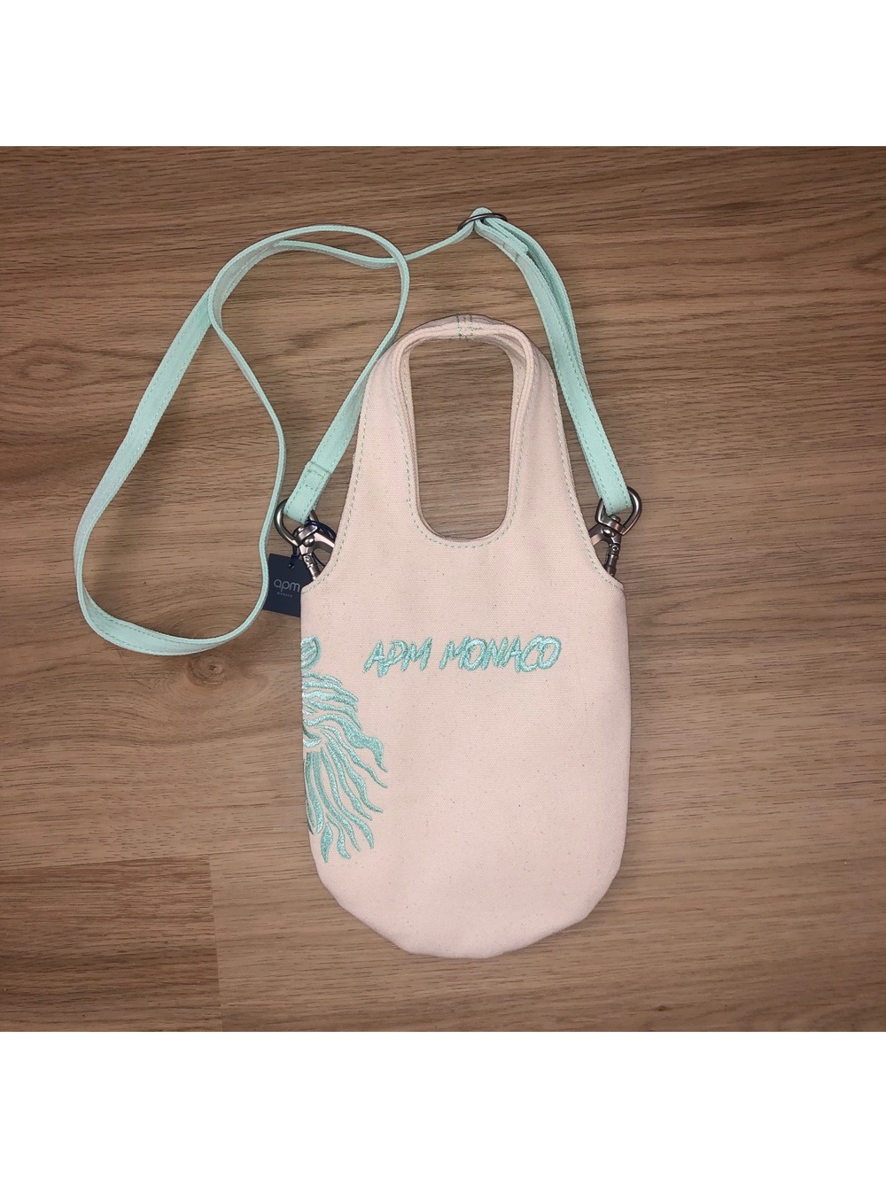 APM MONACO EMBROIDERED SHOULDER CANVAS CLUTCH MINI TOTE BAG FLORAL TEAL NEW TAG